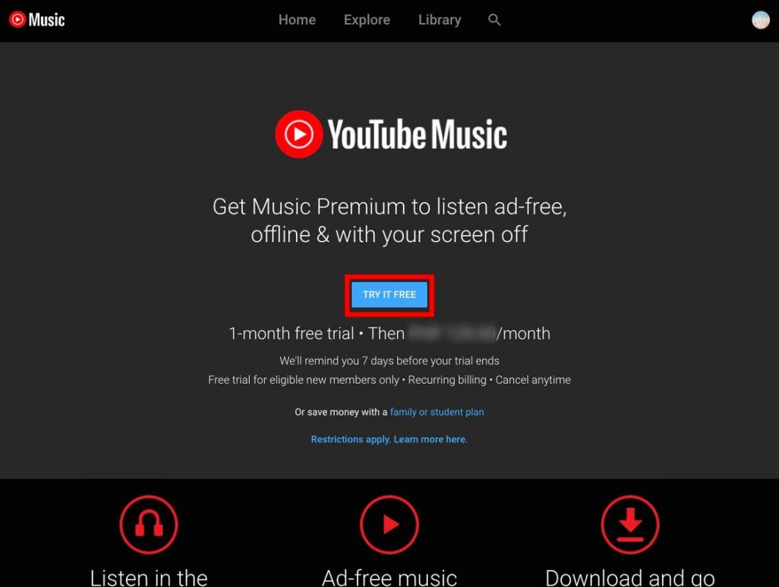 Youtube Music Premium landing page.