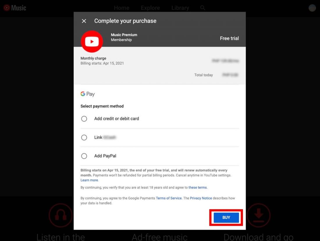 Payment options for Youtube Music Premium.