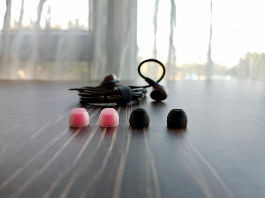 The balanced eartips are black in colour while the vocal eartips are the white/transparent ones
