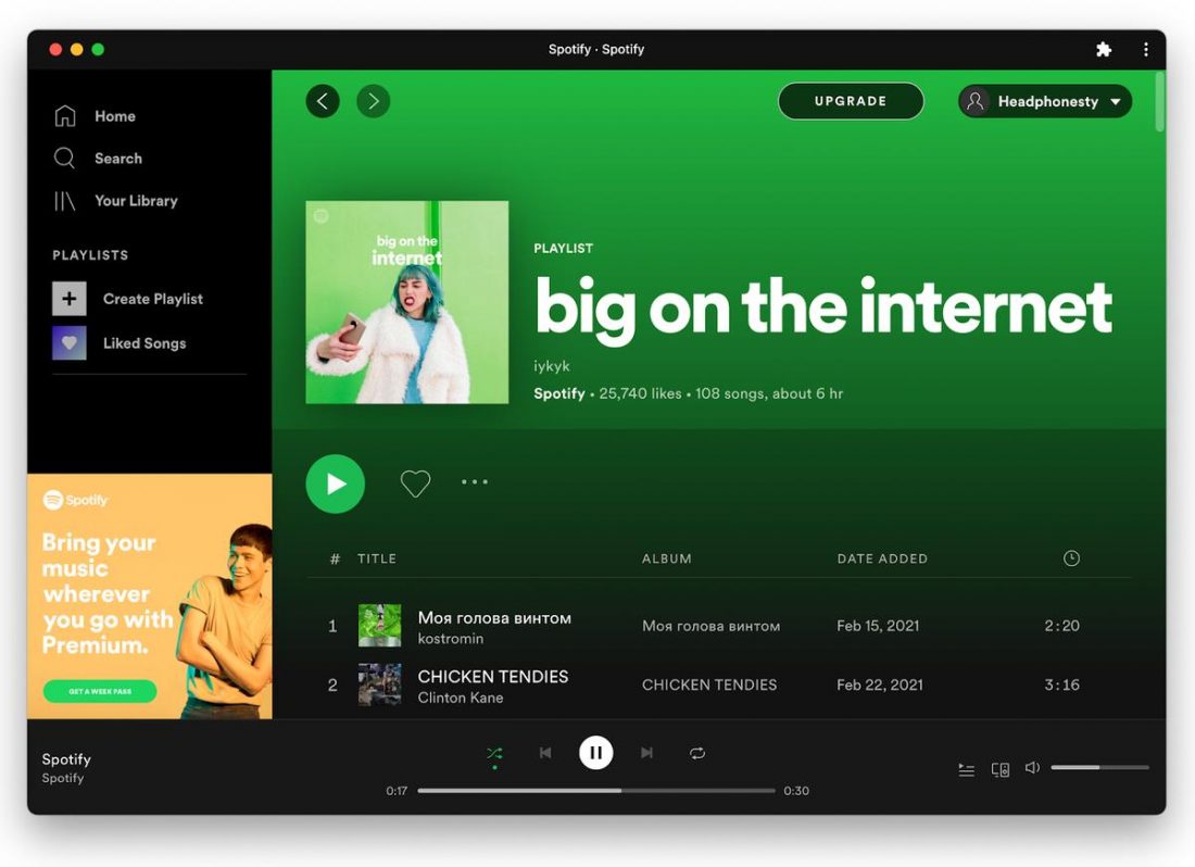 Previewing a playlist on Spotify Free for desktop.