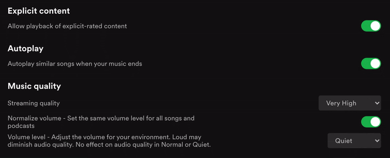 Audio quality settings on Spotify.