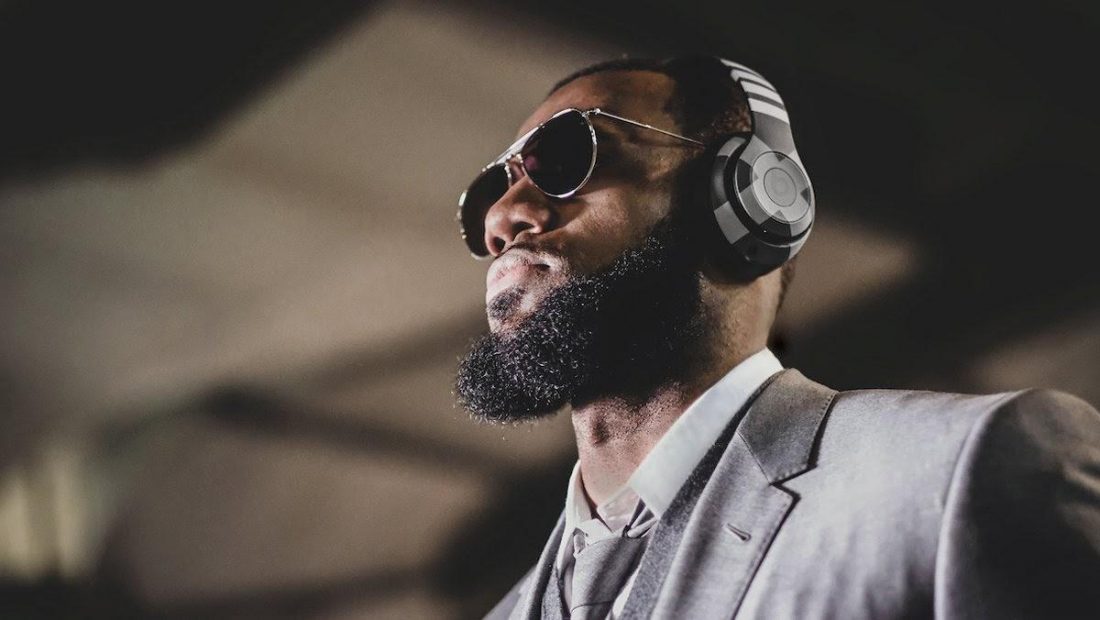 LeBron James sporting a custom Thom Browne Studio3 x Beats by Dre Wireless Headphones.