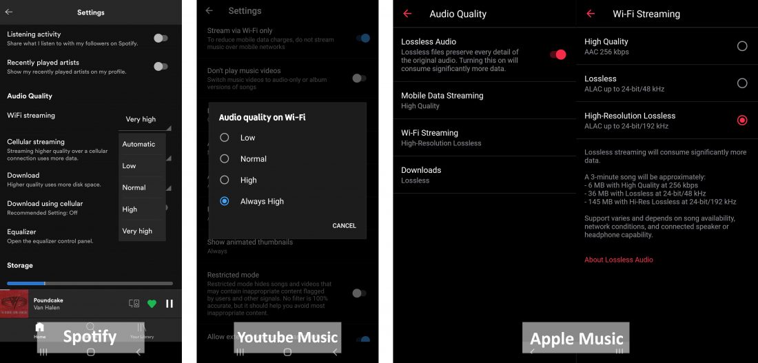 Audio streaming quality settings on Spotify, Youtube Music, and Apple Music.