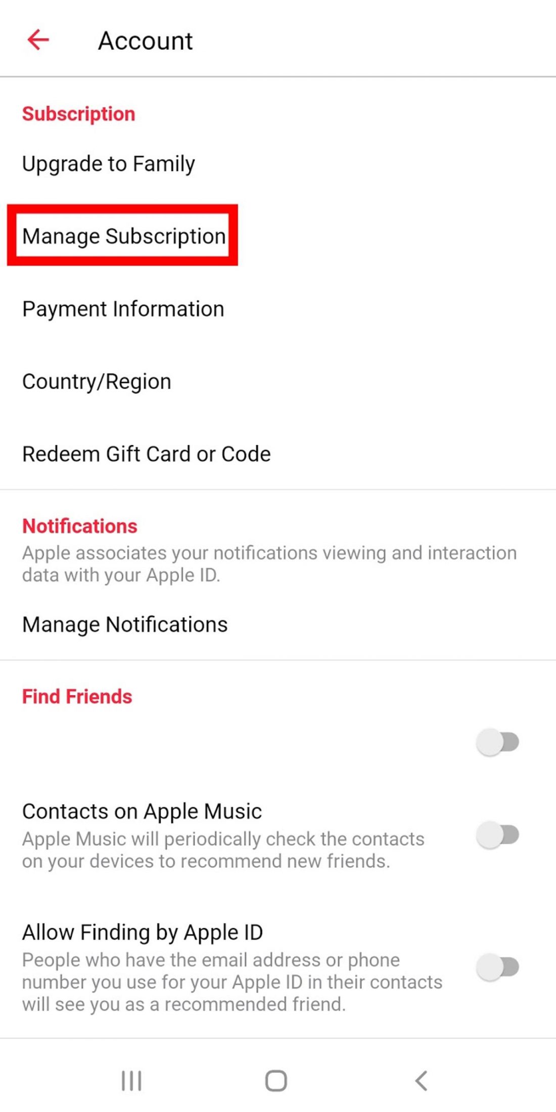 Accessing Subscription settings on Apple Music mobile app.