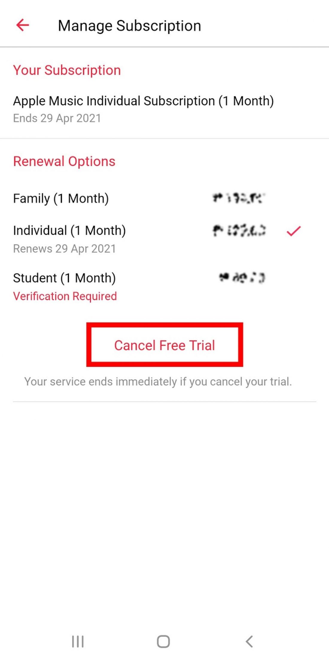Cancelling your subscription on Apple Music mobile app.
