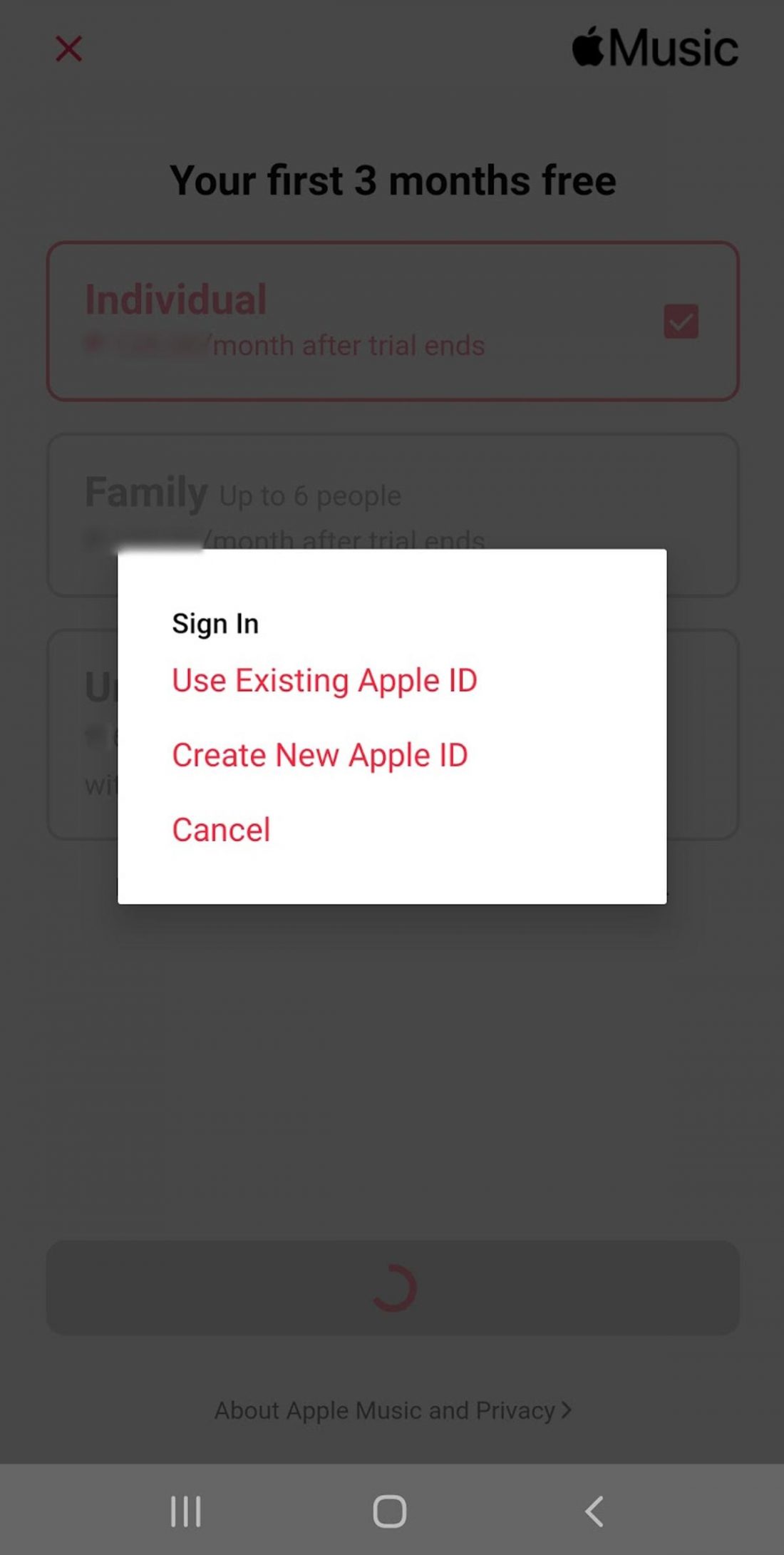 Signing up for an Apple Music account.