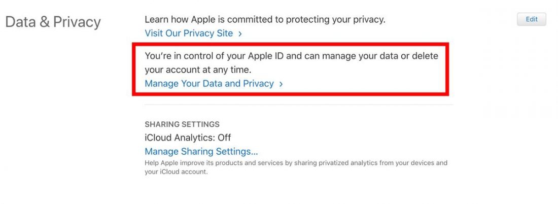 Accessing Data & Privacy setting on Apple ID website.