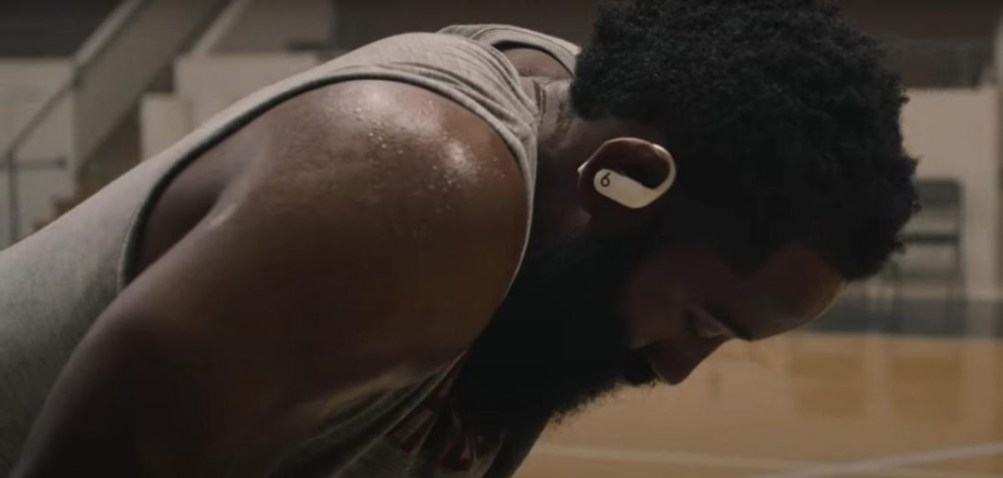 James Harden on the court wearing the sweat-resistant PowerBeats Pro. (From: YouTube/Beats by Dre)