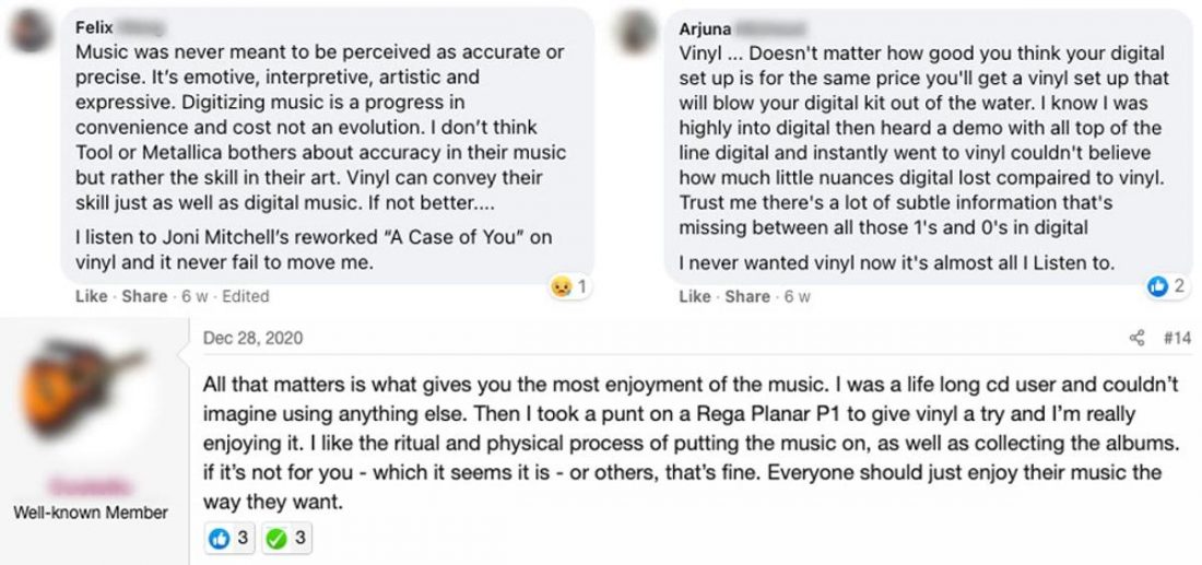 Comments regarding vinyl sound quality on audio forums.