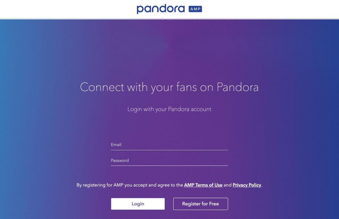 Pandora AMP landing page.