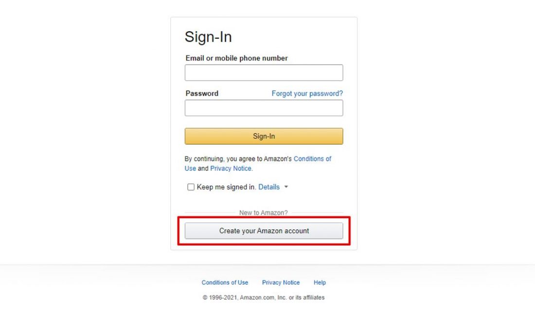 Starting the creation of your Amazon account.