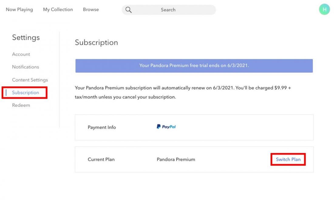 Subscription page on the Pandora web player.