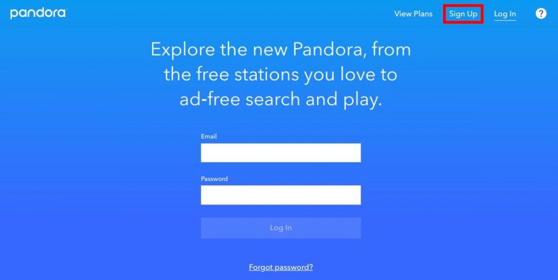 Pandora landing page.