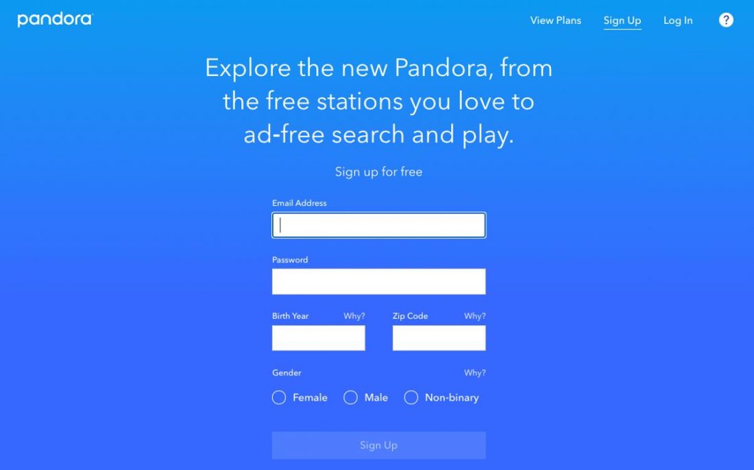 Pandora sign-up page.
