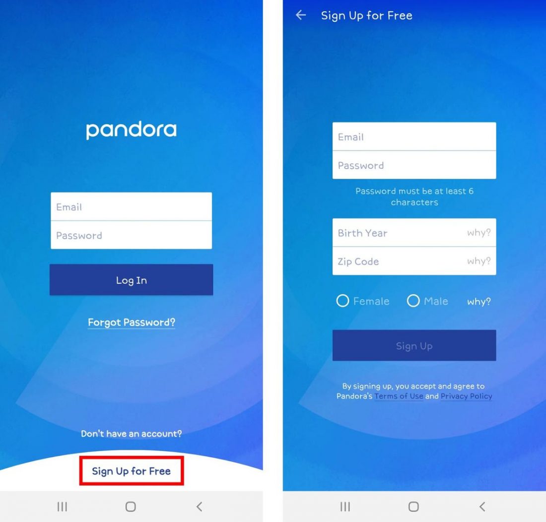 Pandora mobile landing and sign-up screen.