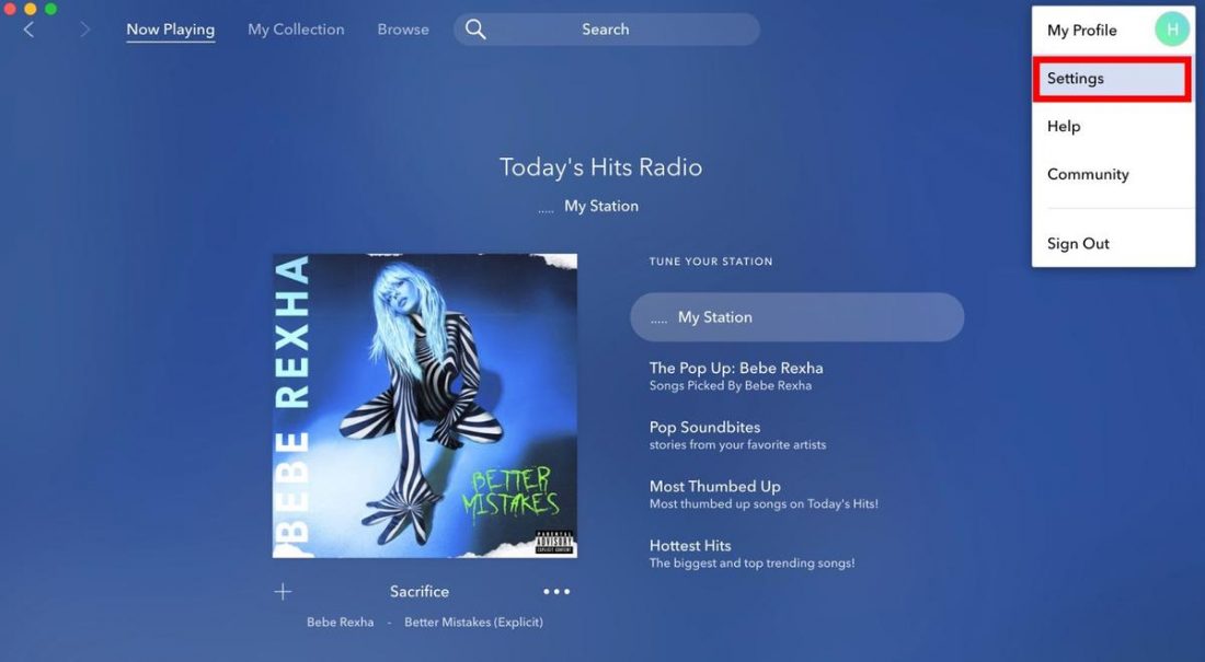 Profile menu on the Pandora web player.