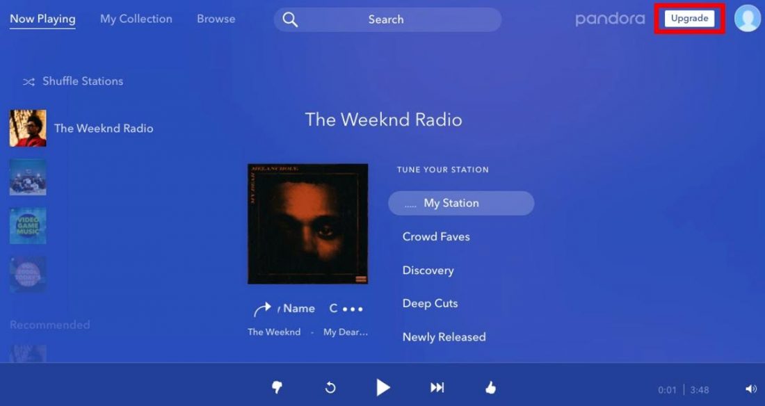 Pandora's 'Now Playing' page.