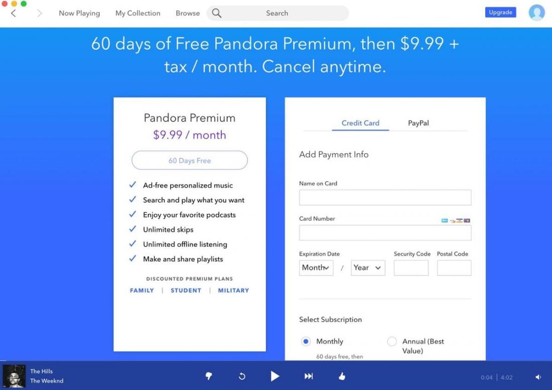 Pandora's payment registration page.