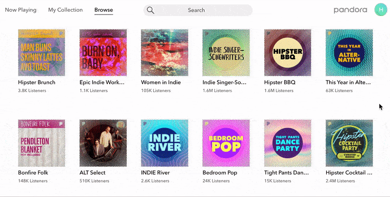 Indie music selection on Pandora.