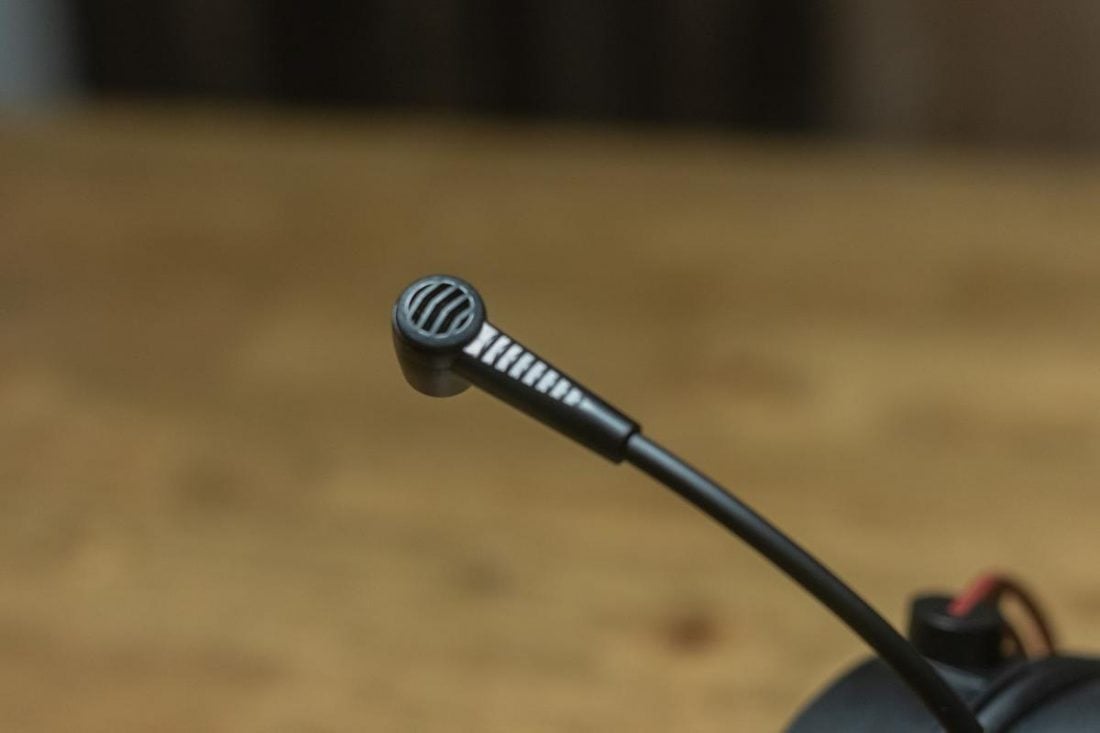 Fully adjustable microphone that can rotate 360 degrees, shown without its cotton foam cover