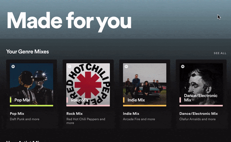 Spotify's 'Made For You' section.