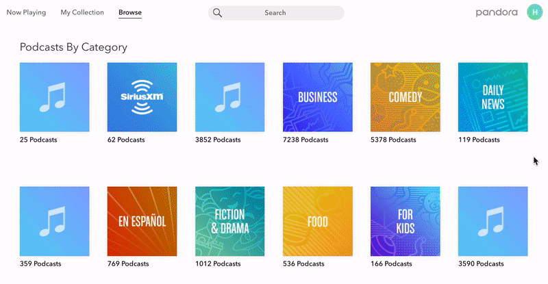 Podcast genres on Pandora.