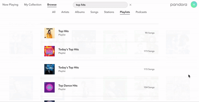 Top Hits playlists on Pandora.