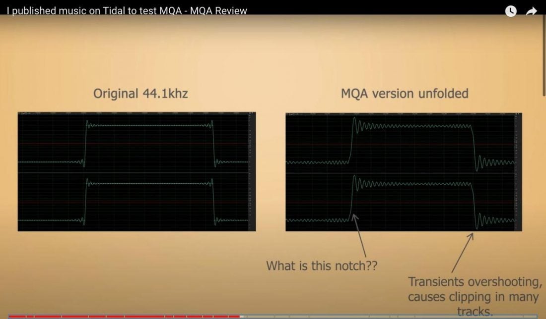 GoldenSound's square wave comparison before and after MQA conversion. (From: youtube.com/GoldenSound https://www.youtube.com/channel/UCJ0oW8D5z_IiFc7w46JJEuA)