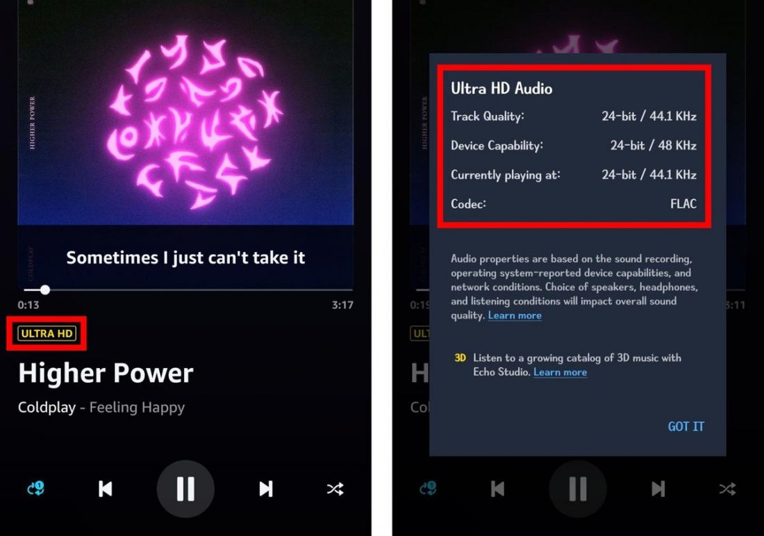 Audio quality indicator on Amazon Music.