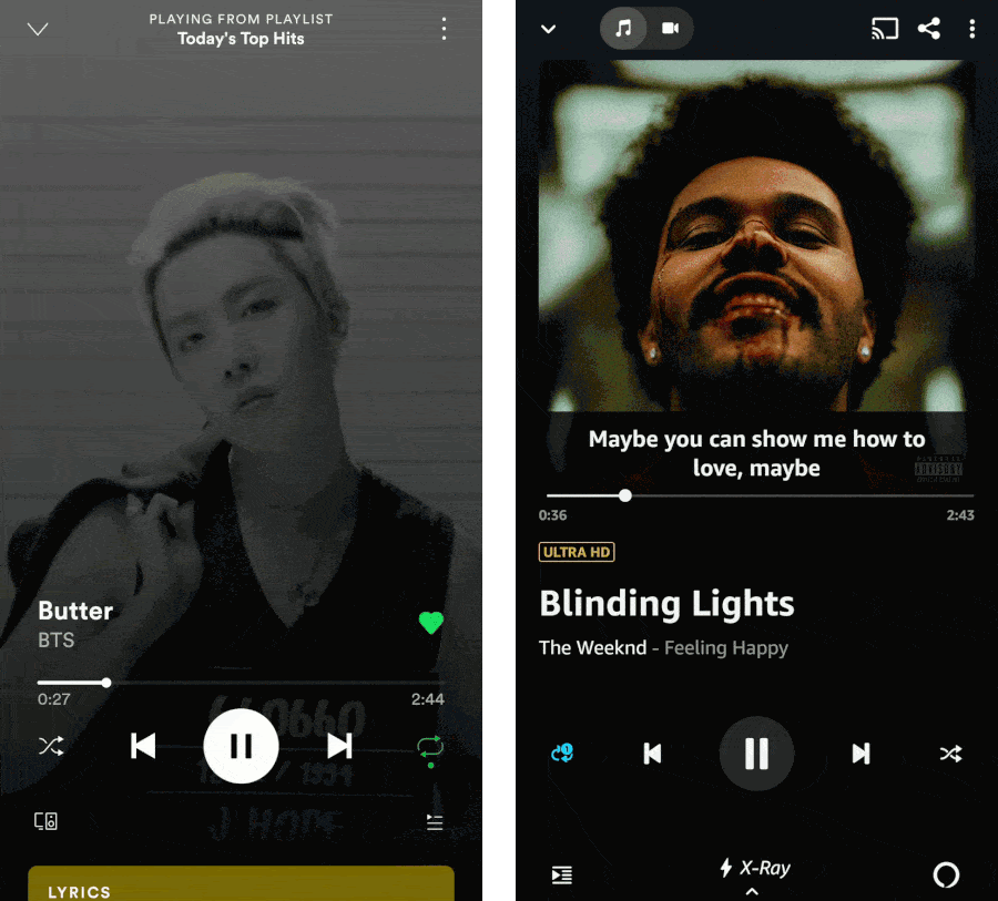Storyline on Spotify (left) and X-Ray on Amazon Music (right).