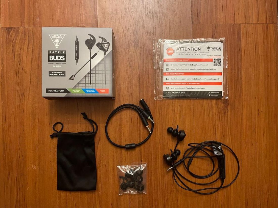 The complete contents of the Turtle Beach Battle Buds box.