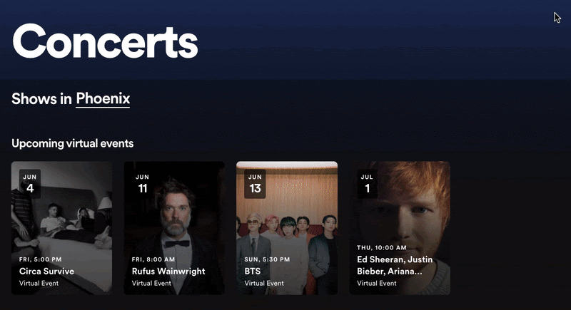 Concert schedules on Spotify.