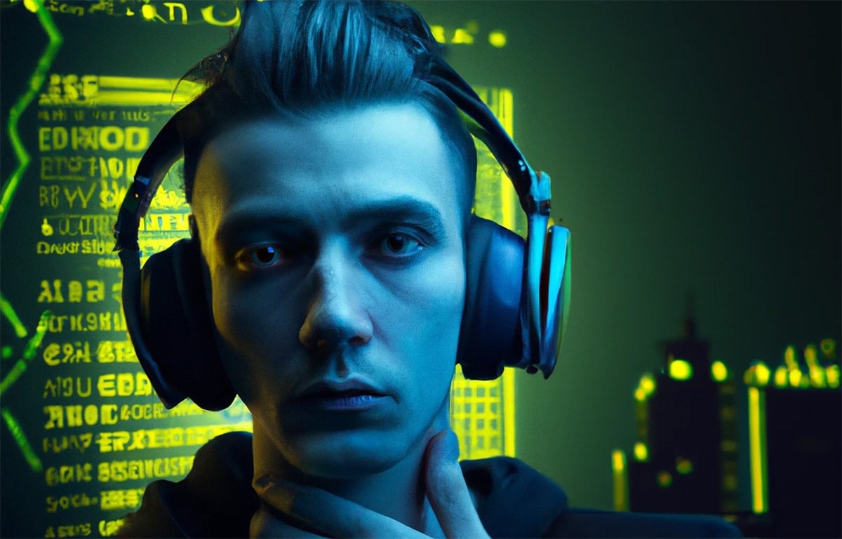 danger of bluetooth audio device, Cyberpunk, guy wearing headphones