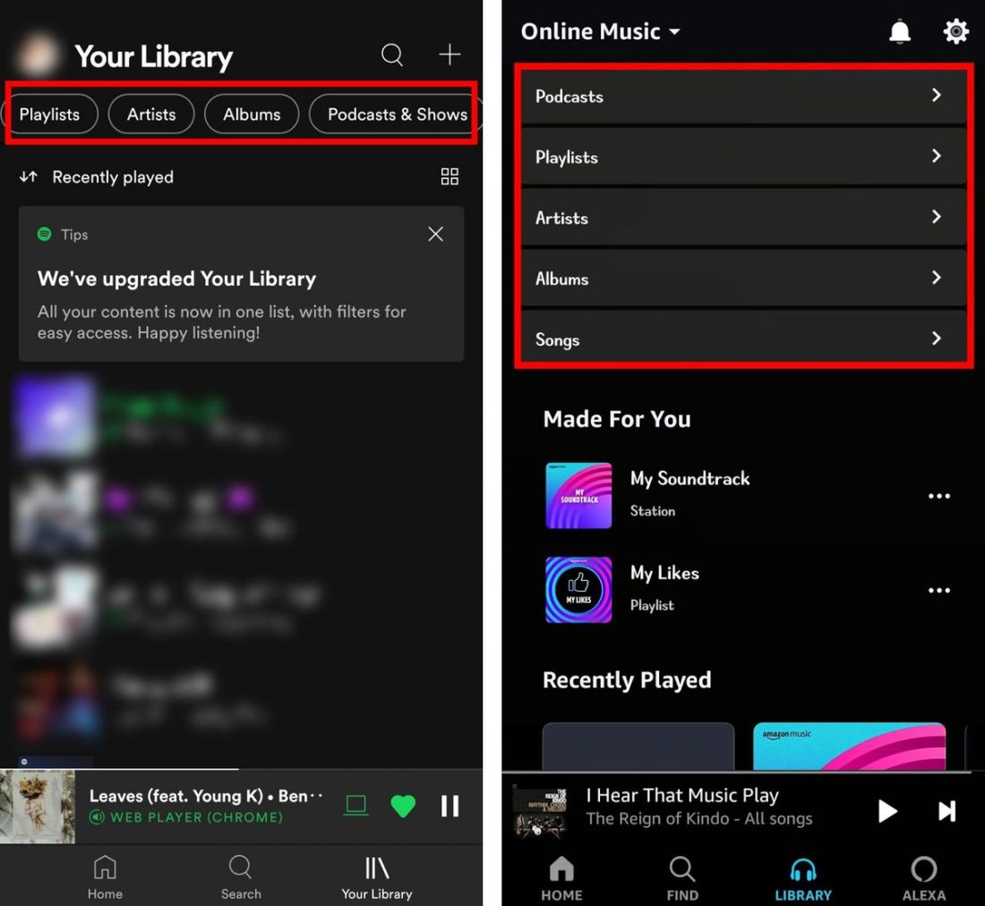 Library filters for Spotify (left) and Amazon Music (right).