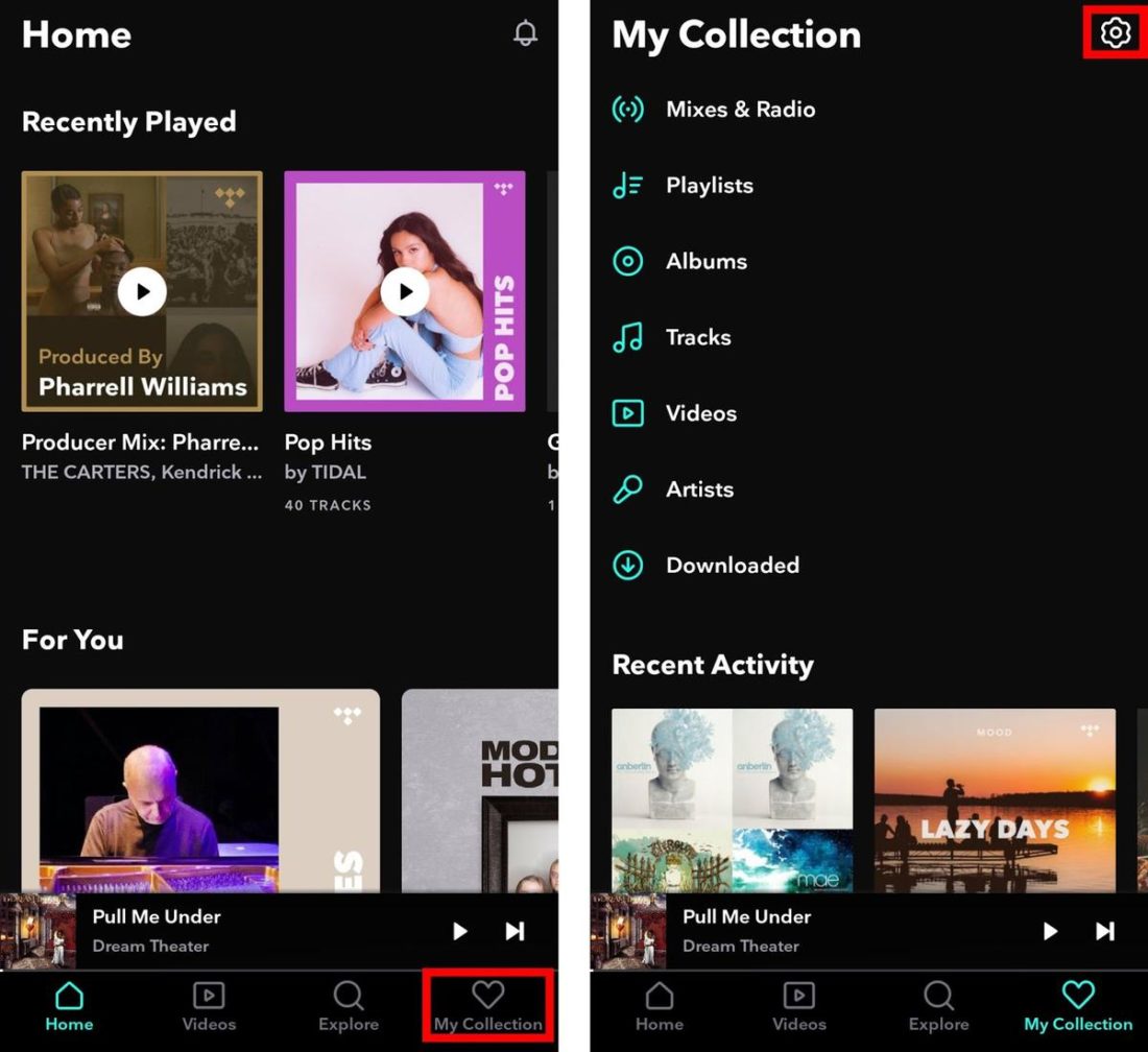 Home and 'My Collection' screens on the Tidal mobile app.