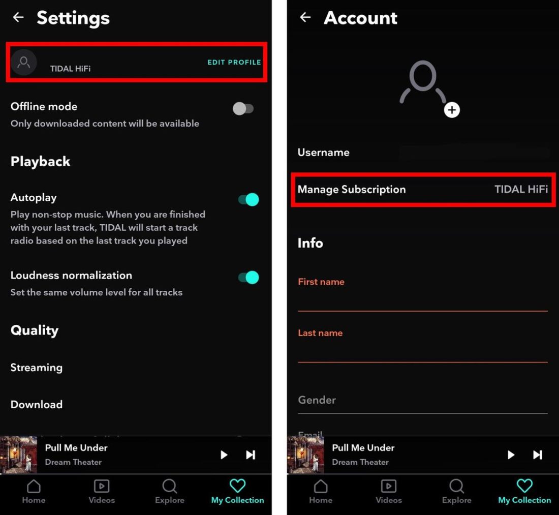 Account settings on the Tidal mobile app.