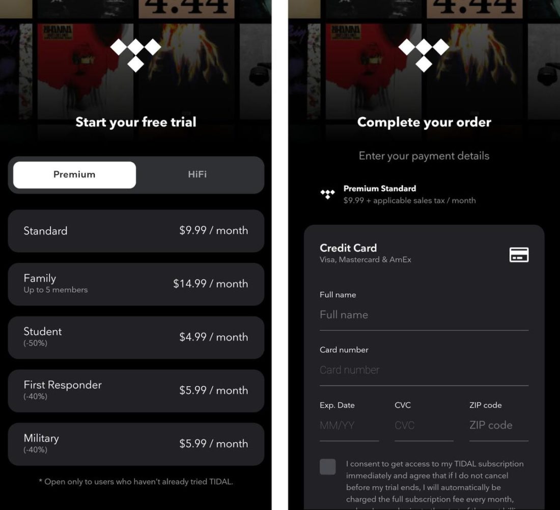 Subscription and payment windows on Tidal mobile app.