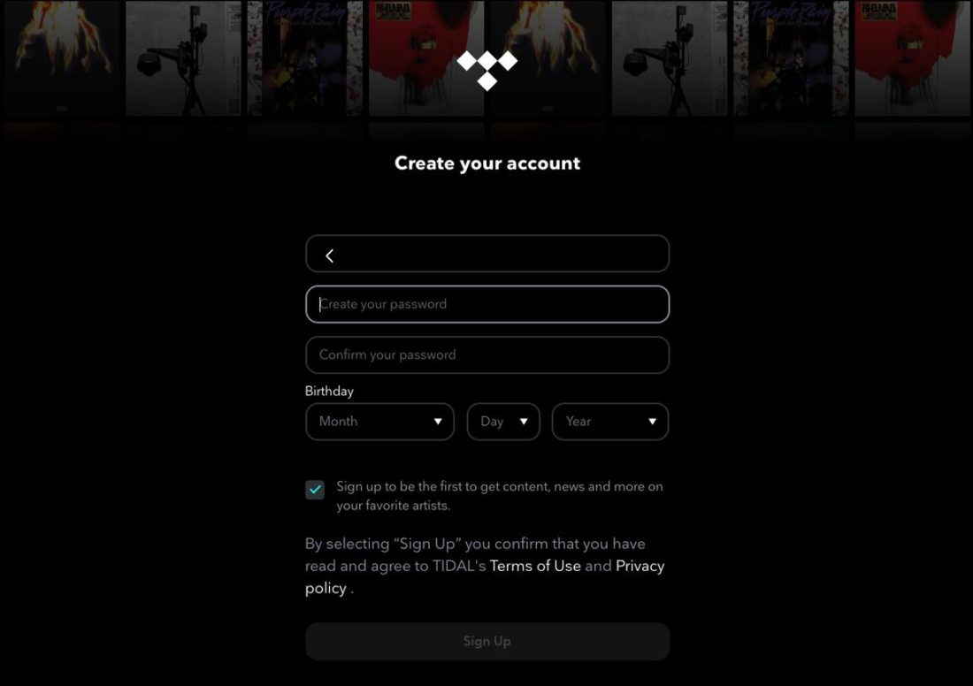 Tidal sign-up page.