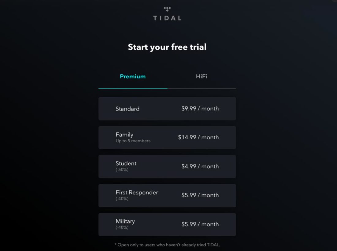 Tidal subscription page.