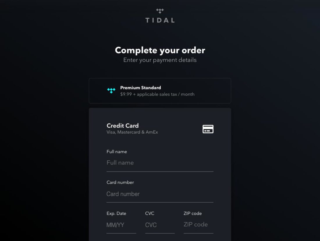 Tidal payment screen.