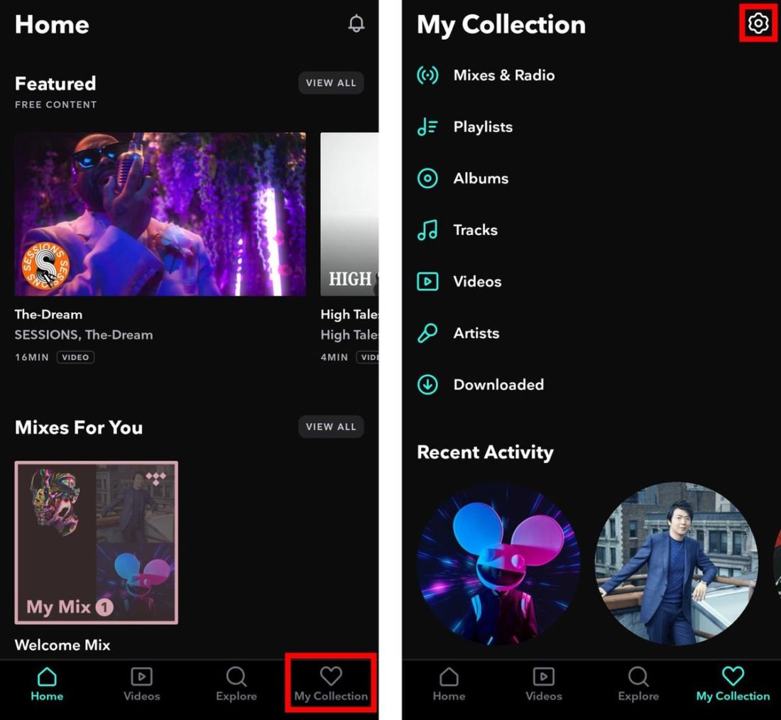 Tidal Home and 'My Collection' screens.