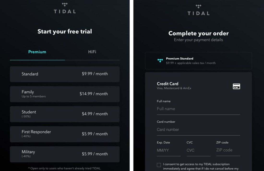 Tidal subscription plans and payment window.