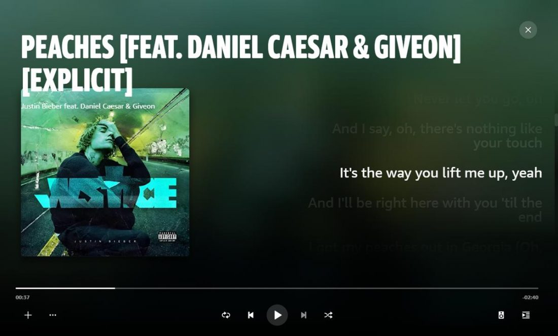 Lyrics inside the Amazon Music app.