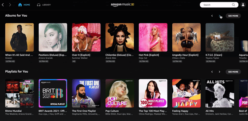 Playlist recommendations on Amazon Music.