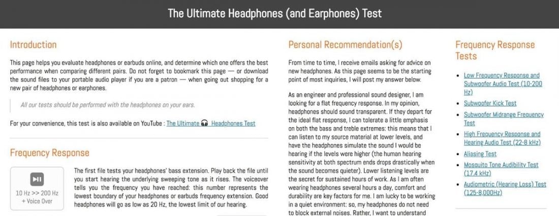 The Ultimate Headphones (and Earphones) Test website.