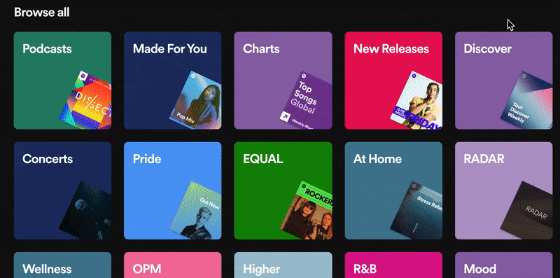 Spotify's 'Search' section.
