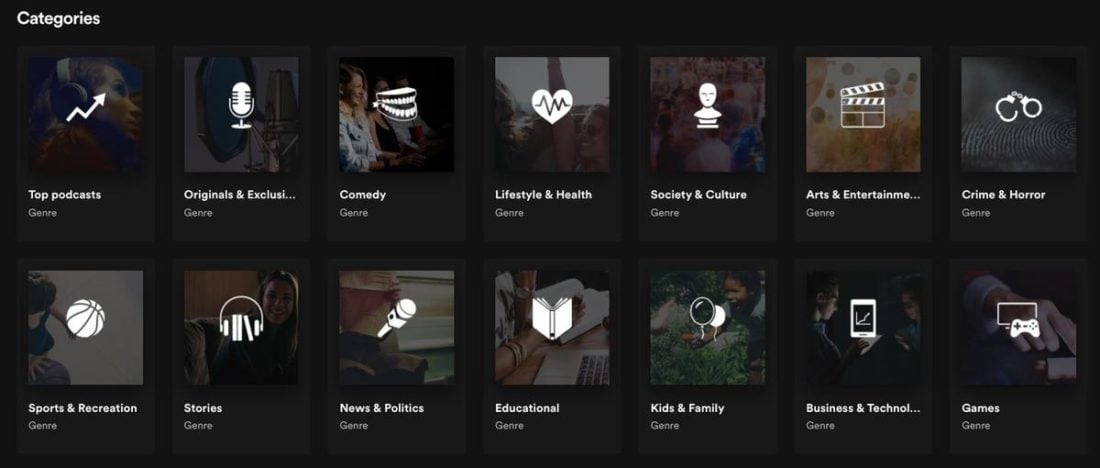 Podcast categories on Spotify.