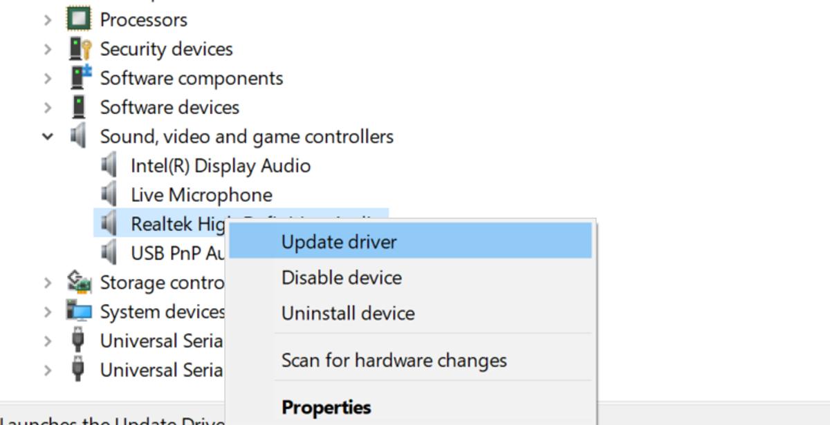Device manager device properties menu item highlighted