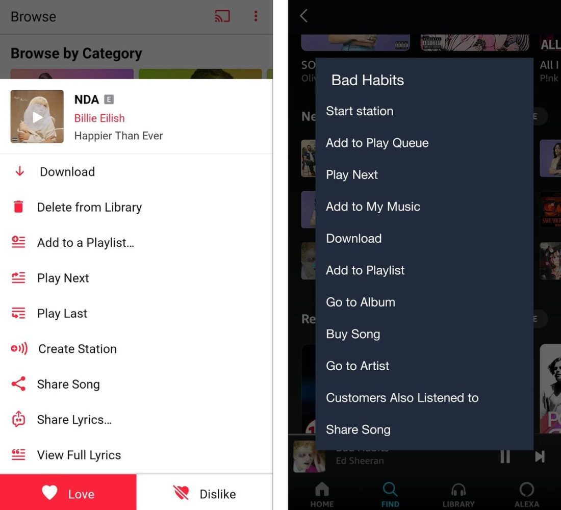 Drop-down menus on mobile apps for Apple Music and Amazon Music.