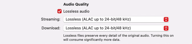 Audio quality settings on Apple Music.